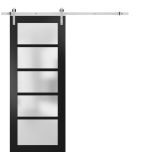 Sturdy Barn Door | Quadro 4002 Black Matte with Frosted Glass | 6.6FT Rail Hangers Heavy Hardware Set | Solid Panel Interior Doors