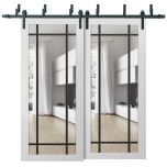 Sliding Closet Barn Bypass Doors | Lucia 2266 White Silk with Clear Glass and Aluminum Strips | Sturdy 6.6ft Rails Hardware Set | Wood Solid Bedroom Wardrobe Doors