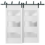 Sliding Closet 3 Lites Barn Bypass Doors | Lucia 4070 White Silk with Frosted Glass | Sturdy 6.6ft Rails Hardware Set | Wood Solid Bedroom Wardrobe Doors 