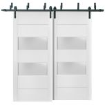 Sliding Closet 2 lites Barn Bypass Doors | Lucia 4010 White Silk with Frosted Glass | Sturdy 6.6ft Rails Hardware Set | Wood Solid Bedroom Wardrobe Doors 