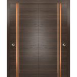 Sliding Closet Bypass Doors | Planum 1010 Chocolate Ash and Aluminum Strips | Sturdy Top Mount Rails Moldings Trims Hardware Set | Wood Solid Bedroom Wardrobe Doors