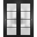 Sliding Closet Bypass Doors with Hardware | Planum 2132 Matte Black with Frosted Glass and Aluminum Strips | Sturdy Rails Moldings Trims Hardware Set | Modern Wood Solid Bedroom Wardrobe Doors