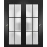 Sliding Closet Bypass Doors with Hardware | Planum 2122 Matte Black with Frosted Glass and Aluminum Strips | Sturdy Rails Moldings Trims Hardware Set | Modern Wood Solid Bedroom Wardrobe Doors