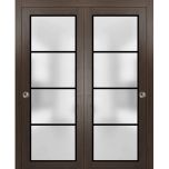 Sliding Closet Bypass Doors with Hardware | Planum 2132 Chocolate Ash with Frosted Glass and Aluminum Strips | Sturdy Rails Moldings Trims Hardware Set | Modern Wood Solid Bedroom Wardrobe Doors