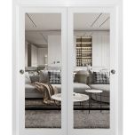 Sliding Closet Bypass Doors with | Lucia 2666 White Silk with Clear Glass and Aluminum Strips | Sturdy Rails Moldings Trims Hardware Set | Wood Solid Bedroom Wardrobe Doors