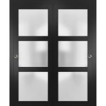 Sliding Closet Bypass Doors | Lucia 2552 Black Matte with Frosted Glass | Sturdy Rails Moldings Trims Hardware Set | Wood Solid Bedroom Wardrobe Doors