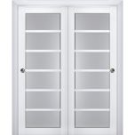 Sliding Closet Bypass Doors | Veregio 7602 White Silk with Frosted Glass | Sturdy Rails Moldings Trims Hardware Set | Wood Solid Bedroom Wardrobe Doors 