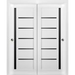 Sliding Closet Bypass Doors | Quadro 4588 White Silk with Black Glass | Sturdy Rails Moldings Trims Hardware Set | Wood Solid Bedroom Wardrobe Doors 