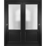 Sliding Closet Bypass Doors | Lucia 22 Matte Black with Frosted Glass | Sturdy Rails Moldings Trims Hardware Set | Wood Solid Bedroom Wardrobe Doors 