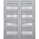 Sliding Closet Bypass Doors | Veregio 7455 Matte Grey with Frosted Glass | Sturdy Rails Moldings Trims Hardware Set | Wood Solid Bedroom Wardrobe Doors 