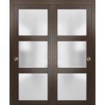 Sliding Closet Bypass Doors | Lucia 2552 Chocolate Ash with Frosted Glass | Sturdy Rails Moldings Trims Hardware Set | Wood Solid Bedroom Wardrobe Doors 