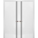 Solid French Double Doors | Planum 0016 White Silk and Aluminum Strips | Wood Solid Panel Frame Trims | Closet Bedroom