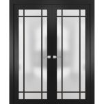 Solid French Double Doors | Planum 2112 Matte Black with Frosted Glass and Aluminum Strips | Wood Solid Panel Frame Trims | Closet Bedroom Sturdy Doors