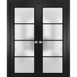 Solid French Double Doors | Planum 2132 Matte Black with Frosted Glass and Aluminum Strips | Wood Solid Panel Frame Trims | Closet Bedroom Sturdy Doors