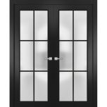 Solid French Double Doors | Planum 2122 Matte Black with Frosted Glass and Aluminum Strips | Wood Solid Panel Frame Trims | Closet Bedroom Sturdy Doors