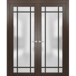 Solid French Double Doors | Planum 2112 Chocolate Ash with Frosted Glass and Aluminum Strips | Wood Solid Panel Frame Trims | Closet Bedroom Sturdy Doors