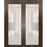 Solid French Double Doors | Planum 2113 Chocolate Ash with Frosted Glass and Aluminum Strips | Wood Solid Panel Frame Trims | Closet Bedroom Sturdy Doors