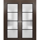 Solid French Double Doors | Planum 2132 Chocolate Ash with Frosted Glass and Aluminum Strips | Wood Solid Panel Frame Trims | Closet Bedroom Sturdy Doors