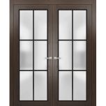 Solid French Double Doors | Planum 2122 Chocolate Ash with Frosted Glass and Aluminum Strips | Wood Solid Panel Frame Trims | Closet Bedroom Sturdy Doors