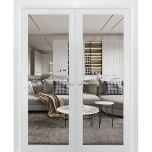 Planum 2102 Interior Double Pre-hung Closet Doors White Silk with Trims Frame Handles