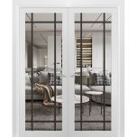 Solid French Double Doors | Lucia 2266 White Silk with Clear Glass and Aluminum Strips | Wood Solid Panel Frame Trims | Closet Bedroom Sturdy Doors