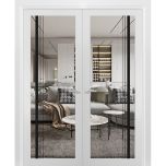 Solid French Double Doors | Lucia 2566 White Silk with Clear Glass and Aluminum Strips | Wood Solid Panel Frame Trims | Closet Bedroom Sturdy Doors