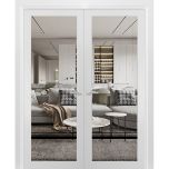 Solid French Double Doors | Lucia 2666 White Silk with Clear Glass and Aluminum Strips | Wood Solid Panel Frame Trims | Closet Bedroom Sturdy Doors