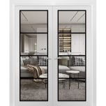 Solid French Double Doors | Lucia 2466 White Silk with Clear Glass and Aluminum Strips | Wood Solid Panel Frame Trims | Closet Bedroom Sturdy Doors