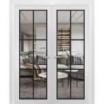 Solid French Double Doors | Lucia 2366 White Silk with Clear Glass and Aluminum Strips | Wood Solid Panel Frame Trims | Closet Bedroom Sturdy Doors