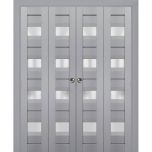 Sliding Closet Double Bi-fold Doors | Veregio 7455 Matte Grey with Frosted Glass | Sturdy Tracks Moldings Trims Hardware Set | Wood Solid Bedroom Wardrobe Doors 