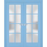 Interior Solid French Double Doors | Veregio 7412 Aquamarine with Frosted Glass | Wood Solid Panel Frame Trims | Closet Bedroom Sturdy Doors 