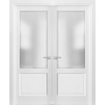 French Double Panel Lite Doors with Hardware | Lucia 22 White Silk with Frosted Opaque Glass | Pre-hung Panel Frame Trims | Bathroom Bedroom Interior Sturdy Door