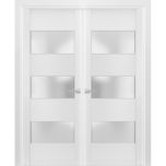 Solid French Double Doors 3 Lites | Lucia 4070 White Silk with Frosted Glass | Wood Solid Panel Frame Trims | Closet Bedroom Sturdy Doors 