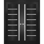 Solid French Double Doors | Quadro 4088 Matte Black with Frosted Glass | Wood Solid Panel Frame Trims | Closet Bedroom Sturdy Doors 