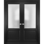 Solid French Double Doors | Lucia 22 Matte Black with Frosted Glass | Wood Solid Panel Frame Trims | Closet Bedroom Sturdy Doors 