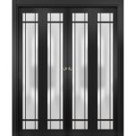 Sliding Closet Double Bi-fold Doors | Planum 2112 Matte Black with Frosted Glass and Aluminum Strips | Sturdy Tracks Moldings Trims Hardware Set | Wood Solid Bedroom Wardrobe Doors