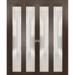 Sliding Closet Double Bi-fold Doors | Planum 2113 Chocolate Ash with Frosted Glass and Aluminum Strips | Sturdy Tracks Moldings Trims Hardware Set | Wood Solid Bedroom Wardrobe Doors