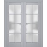 Interior Solid French Double Doors | Veregio 7412 Matte Grey with Frosted Glass | Wood Solid Panel Frame Trims | Closet Bedroom Sturdy Doors 