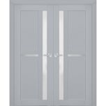 Interior Solid French Double Doors | Veregio 7288 Matte Grey with Frosted Glass | Wood Solid Panel Frame Trims | Closet Bedroom Sturdy Doors 