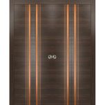 Sliding Closet Double Bi-fold Doors | Planum 1010 Chocolate Ash and Aluminum Strips | Sturdy Tracks Moldings Trims Hardware Set | Wood Solid Bedroom Wardrobe Doors