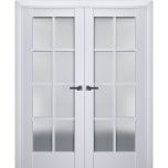 Interior Solid French Double Doors | Veregio 7412 White Silk with Frosted Glass | Wood Solid Panel Frame Trims | Closet Bedroom Sturdy Doors 