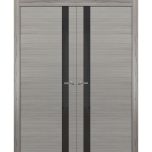 Solid French Double Doors | Planum 0040 Ginger Ash with Black Glass | Wood Solid Panel Frame Trims | Closet Bedroom Sturdy Doors 