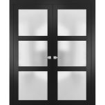 Solid French Double Doors | Lucia 2552 Matte Black with Frosted Glass | Wood Solid Panel Frame Trims | Closet Bedroom Sturdy Doors 