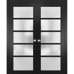 Solid French Double Doors | Quadro 4002 Matte Black with Frosted Glass | Wood Solid Panel Frame Trims | Closet Bedroom Sturdy Doors 