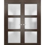 Solid French Double Doors | Lucia 2552 Chocolate Ash with Frosted Glass | Wood Solid Panel Frame Trims | Closet Bedroom Sturdy Doors 