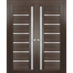 Solid French Double Doors | Quadro 4088 Chocolate Ash with Frosted Glass | Wood Solid Panel Frame Trims | Closet Bedroom Sturdy Doors 