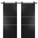 Sturdy Double Barn Door with Hardware | Planum 0110 Matte Black and Aluminum Strips | 13FT Rail Hangers Heavy Set | Modern Solid Panel Interior Doors