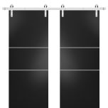 Sturdy Double Barn Door with Hardware | Planum 0110 Matte Black and Aluminum Strips | Silver 13FT Rail Hangers Heavy Set | Modern Solid Panel Interior Doors