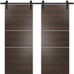 Sturdy Double Barn Door with Hardware | Planum 0110 Chocolate Ash and Aluminum Strips | 13FT Rail Hangers Heavy Set | Modern Solid Panel Interior Doors