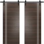 Sturdy Double Barn Door with Hardware | Planum 0310 Chocolate Ash and Aluminum Strips | 13FT Rail Hangers Heavy Set | Modern Solid Panel Interior Doors